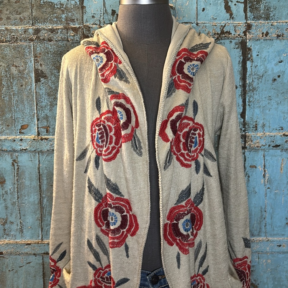New! Johnny Was Floral Embroidered Hooded Sweater Duster Cardigan Flowers XS